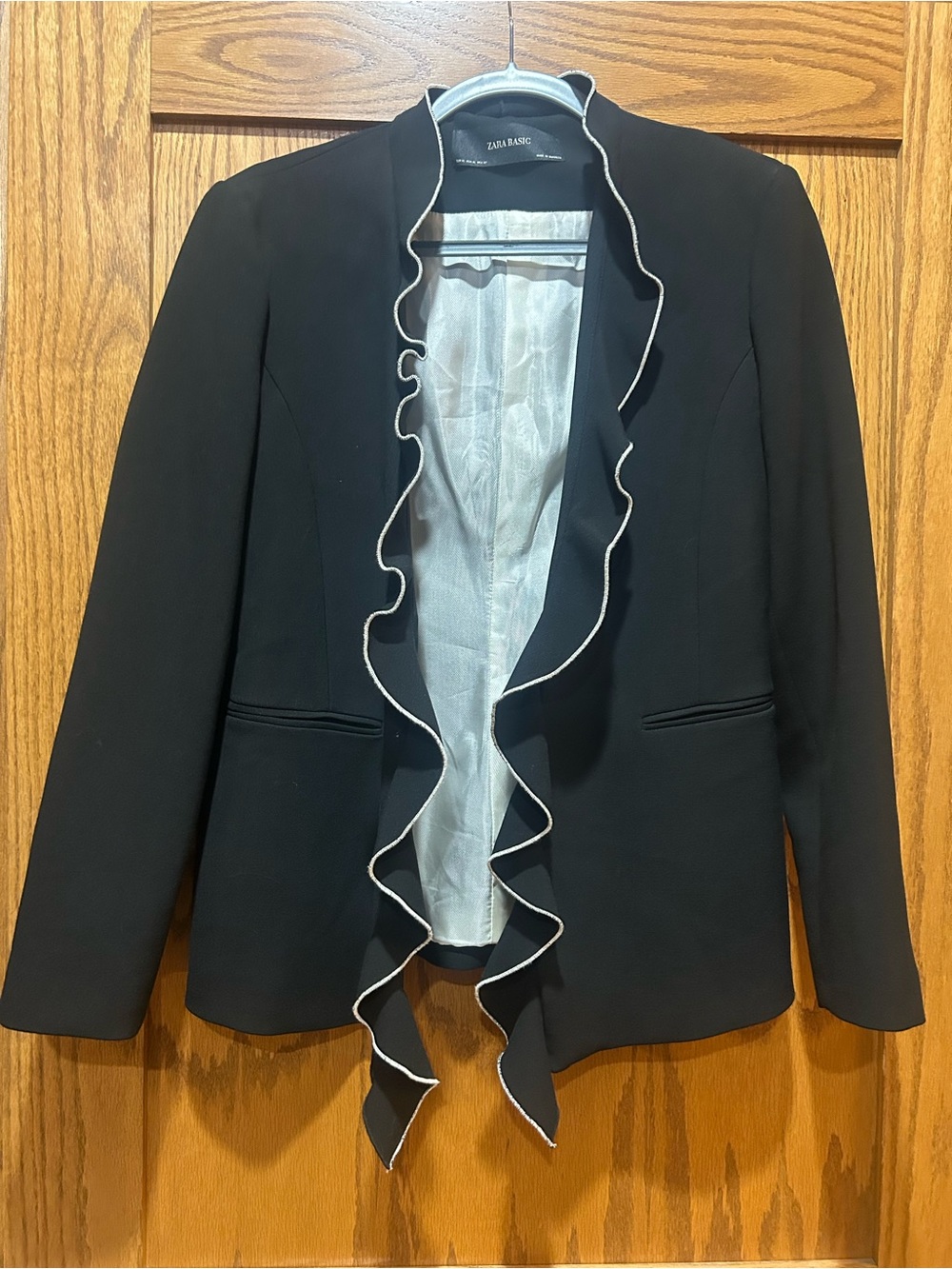 Zara Black Open Blazer with White Ruffle Trim